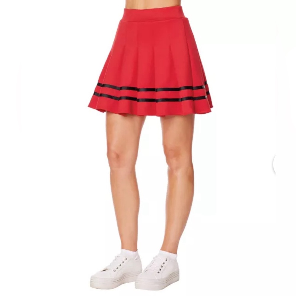 Red cheerleader skirt with black stripes from Spirit Halloween.